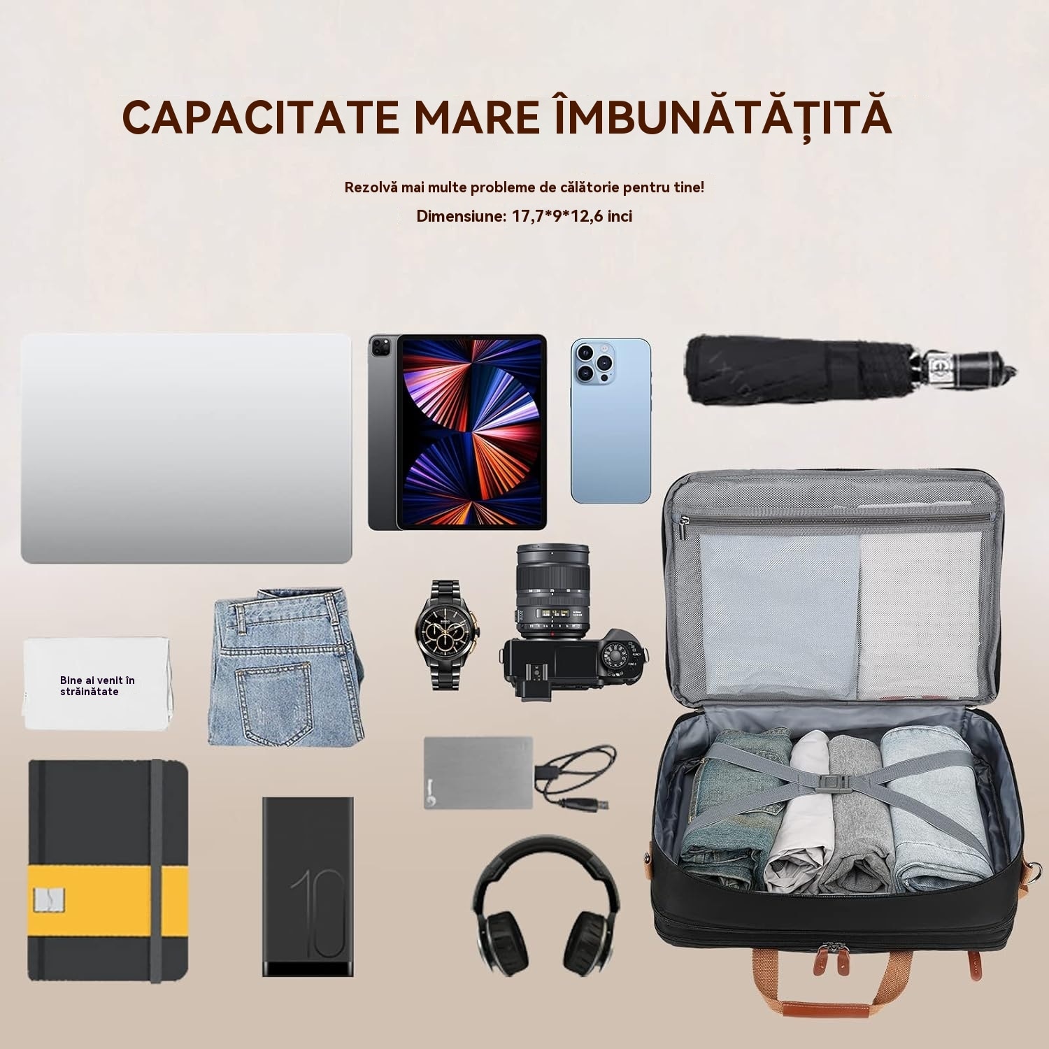 Geanta laptop, 17.3 inch, panza, negru-maro, capacitate mare, multifunctionala，Negru deschis