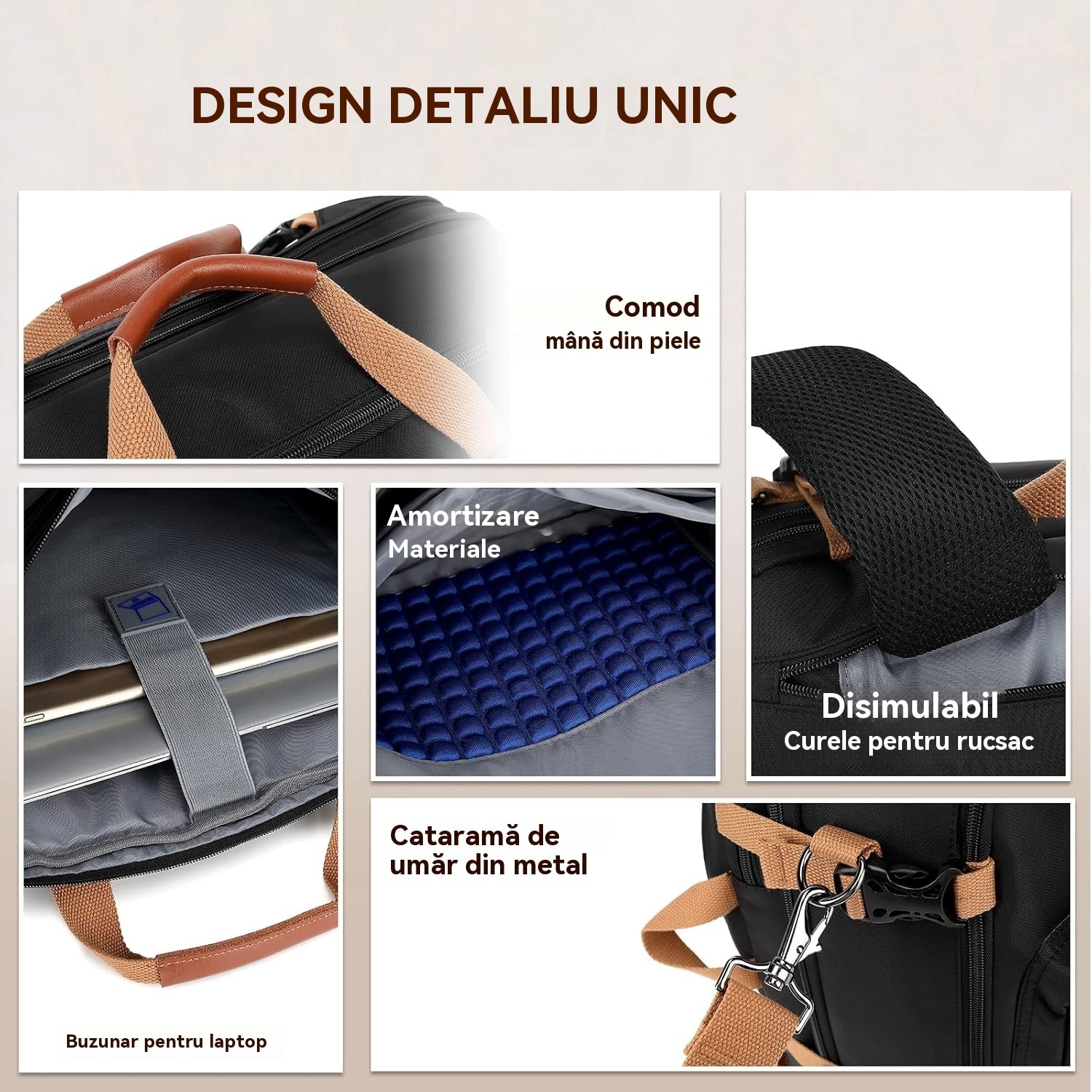 Geanta laptop, 17.3 inch, panza, negru-maro, capacitate mare, multifunctionala，Negru deschis