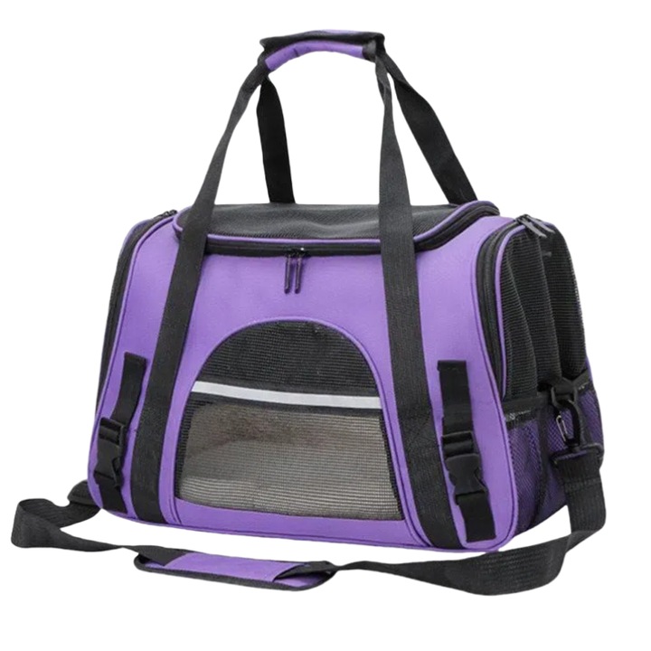 Kisállat hordtáska, lila, 44x25x28 cm, levehető pánttal, kutyák és macskák számára