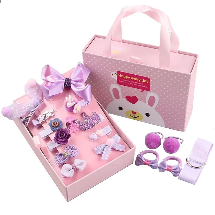 Set 18 accesorii par copii, diverse modele, mov, cu organizator si cutie cadou