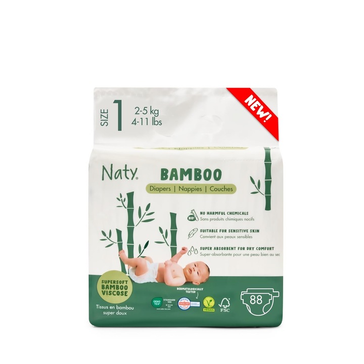 Scutece pentru bebeluși ECO By Naty Bamboo, 88 bucăți, moi, absorbante, marime 1