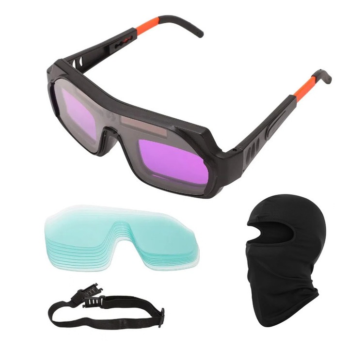 Заваръчни очила, Gkllonve®, 10 сменяеми лещи, предпазна каска, автоматично преобразуване на светлината, соларно зареждане, черни