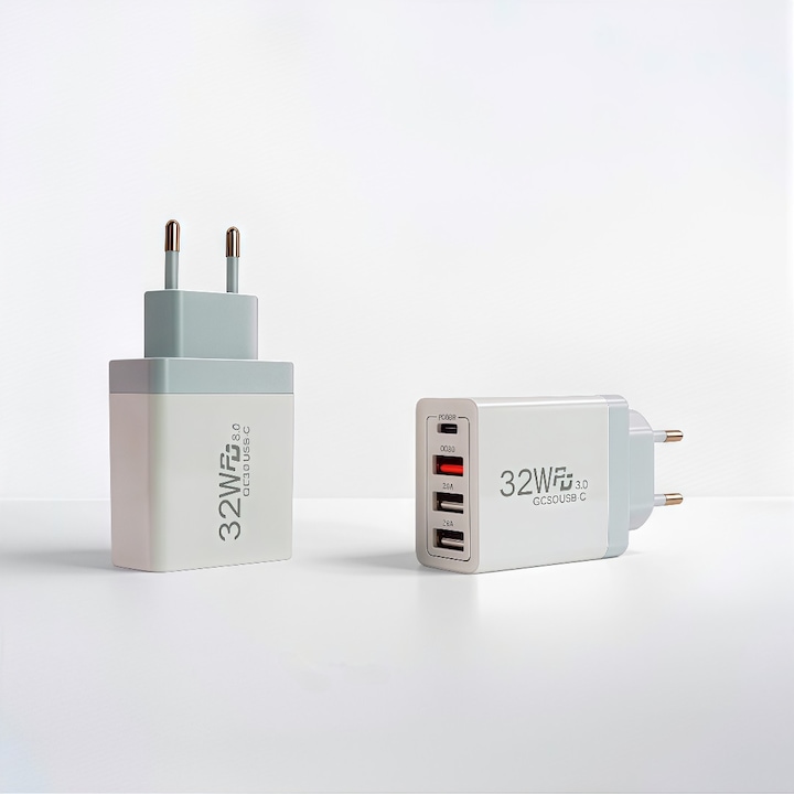 Зарядно устройство 4-in-1 Super Fast, 3xUSB-A, QC3.0, 2.4A, 1xTYPE-C, PD3.0, PD20W, Интелигентен защитен чип, Множество защити, Контрол на температурата, за Apple/Samsung/Android/таблети/смарт часовници и др., Бял