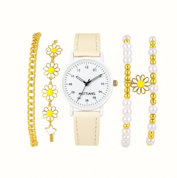 Ceas Alb Elegant Cu Bratari Asortate, Margarete Aurii si Perle, Set Feminin