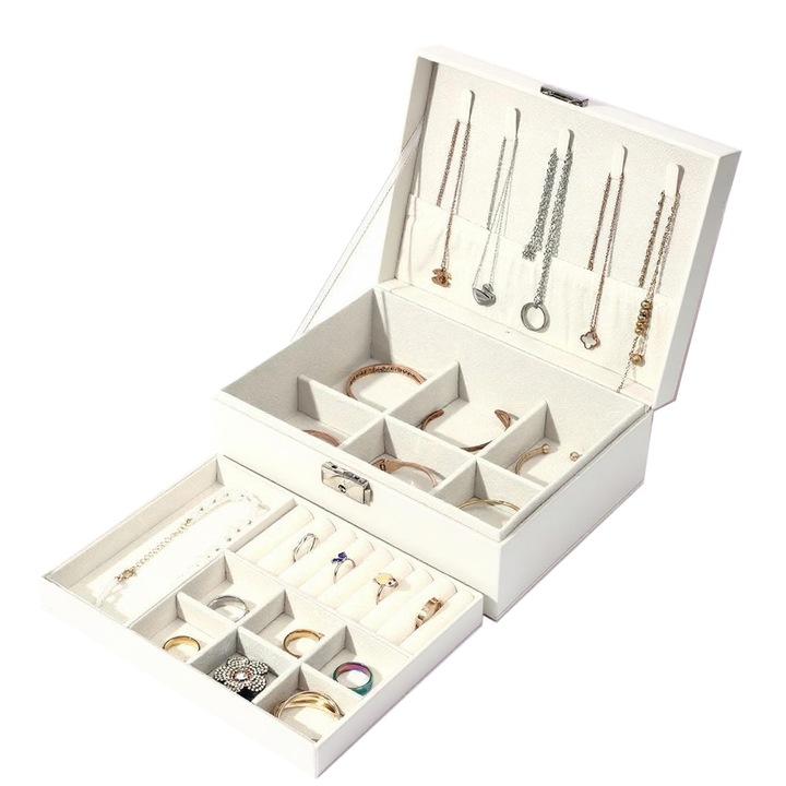Cutie de Bijuterii, Caravaan®, Cutie de bijuterii cu 2 nivele si cheita, Multe compartimente pentru inele, lantisoare, Bratari, Abricat din Piele Ecologica De Inalta Calitate, 23x17x8.5cm, Alb