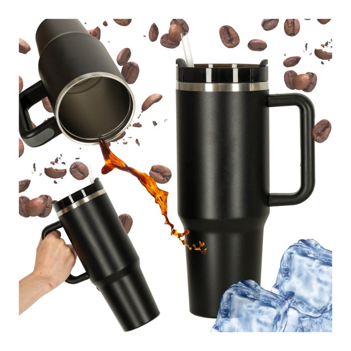 Termikus bögre szívószállal és fogantyúval termosz 1200ml fekete