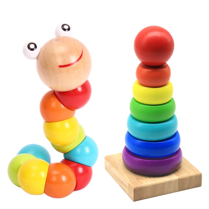 Jucarie educativa si interactiva pentru copii, Caravaan®, Turn multicolor de stivuire Montessori din lemn, Omida Haioasa, Varsta 0-3 ani, Dezvoltarea multisenzoriala, Lemn, 2 buc, Multicolor