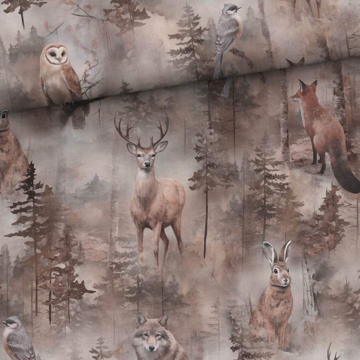 Material textil, Tricot jersey imprimat Rustic forest, bumbac 92%, elastan 8%