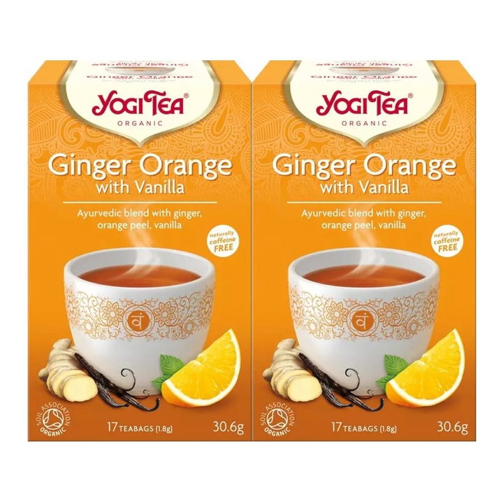 Set 2 x Ceai bio ghimbir cu portocale si vanilie, Yogi Tea, 17 plicuri, 30.6 g
