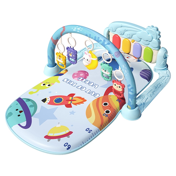 Centru de Activitati si Joaca, Caravaan®, Saltea interactiva pentru copii cu sunete, 0 luni +, 5 Jucarii Senzoriale Detasabile, Lavabil, Plastic, 72x43cm, Albastru