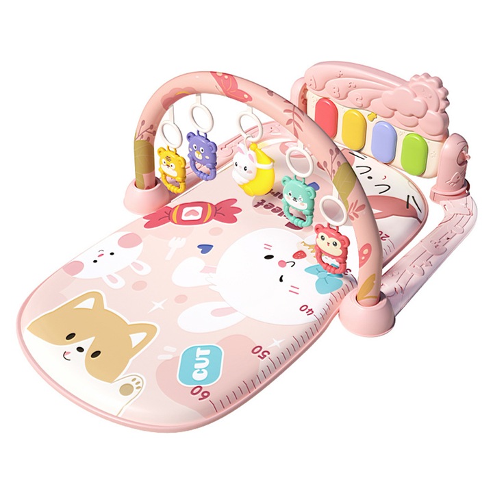 Centru de Activitati si Joaca, Caravaan®, Saltea interactiva pentru copii cu sunete, 0 luni +, 5 Jucarii Senzoriale Detasabile, Lavabil, Plastic, 72x43cm, Roz