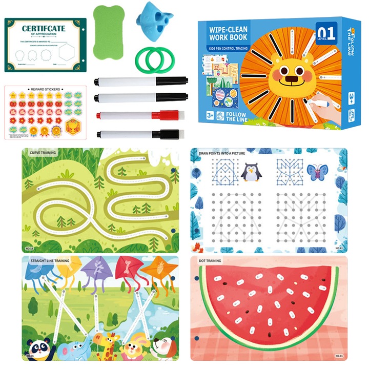 Carte activitati de trasare pentru copii, Caravaan®, Pentru practica si control al stiloului, Antrenament pentru trasarea cifrelor si literelor, Varsta +3 ani, Paper, 22x14.5x5.5cm, Albastru