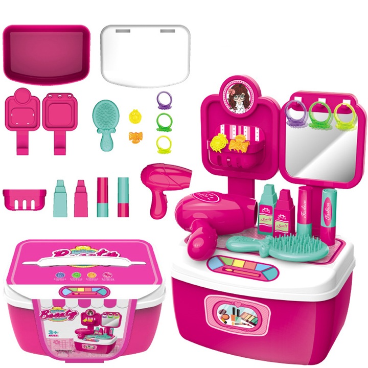 Детска тоалетка за момичета, Caravaan®, с огледало, сешоар, аксесоари за разкрасяване, възраст +3 години, ABS, 17.5x12x25.5см, 19 части, розова