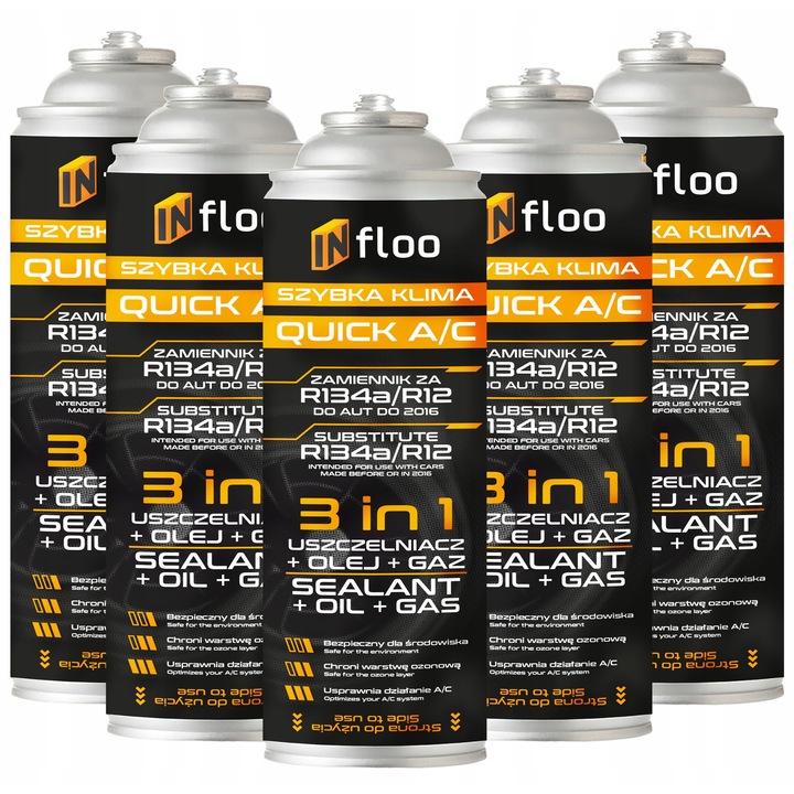 Agent frigorific 5x, Infloo, R134a, 3in1, gaz, ulei, etansant, auto pana in 2016, incarcare rapida in 5 min, aer rece, service DIY acasa, performanta maxima