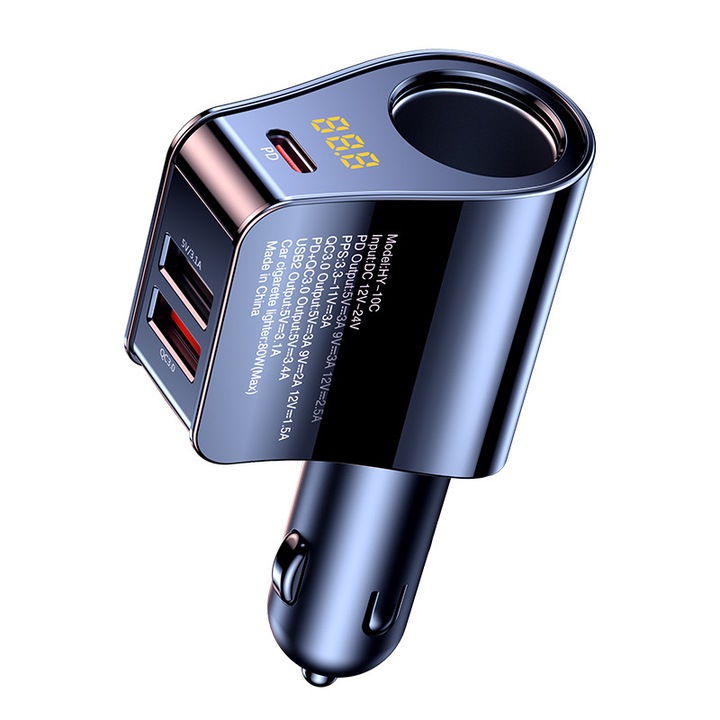 Incarcator Auto 4 in 1, 145W, Incarcare Rapida, 1 USB-C (PD3.0, PD30W), 2 USB-A (QC3.0), 1 Priza Auto (80W), PPS, Management Inteligent Curent, Cip Protectie Siguranta, 12-24V, Compatibil Tablete/Telefoane/Console/Electronice Auto, Universal, Negru