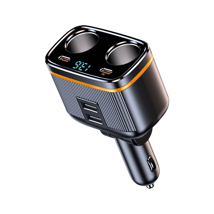 Autós töltő 6 az 1-ben, 145W, Gyors töltés, 2 USB-C (PD3.0, PD45W), 2 USB-A (QC3.0), 2 szivargyújtó aljzat (80W), Intelligens áramkezelés, Biztonsági védelmi chip, 12-24V, LED kijelző, Kompatibilis táblagépekkel/telefonokkal/konzolokkal, Fekete