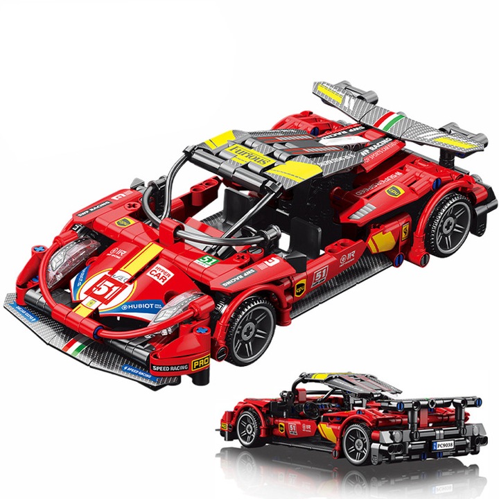 Set de constructie masina sport, Yingyun®, scara 1:20, motor pull-back, 22 x 10 x 6.5 cm, 408 piese, Rosu