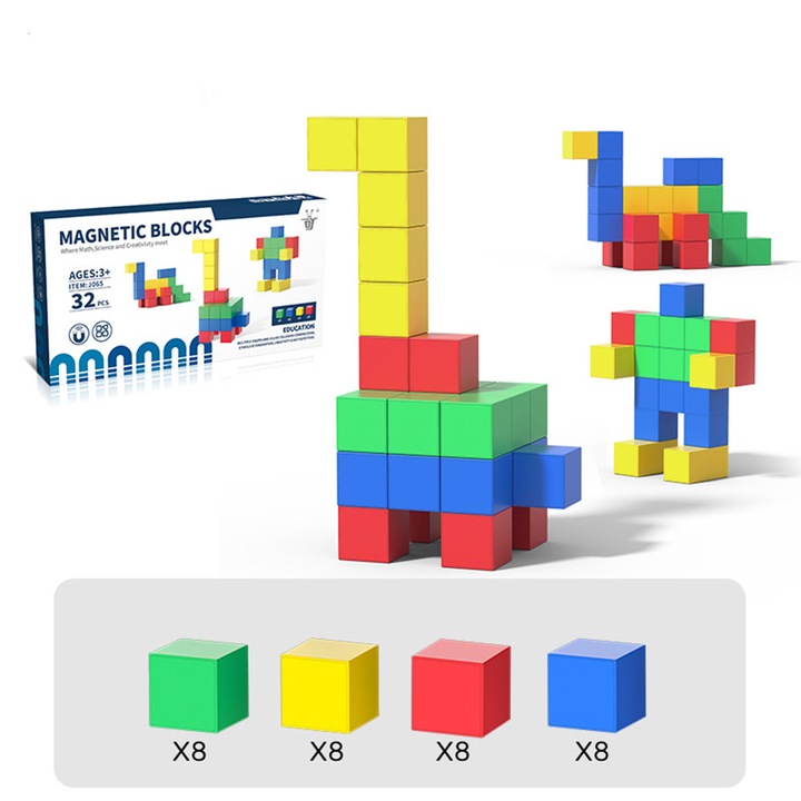 Cuburi Magnetice 32 Bucati, Esther Beauty®, Jucarie Educationala STEM, Creativa - Dezvolta Imaginatia si Motricitatea - Pentru Copii 2+, Multicolor
