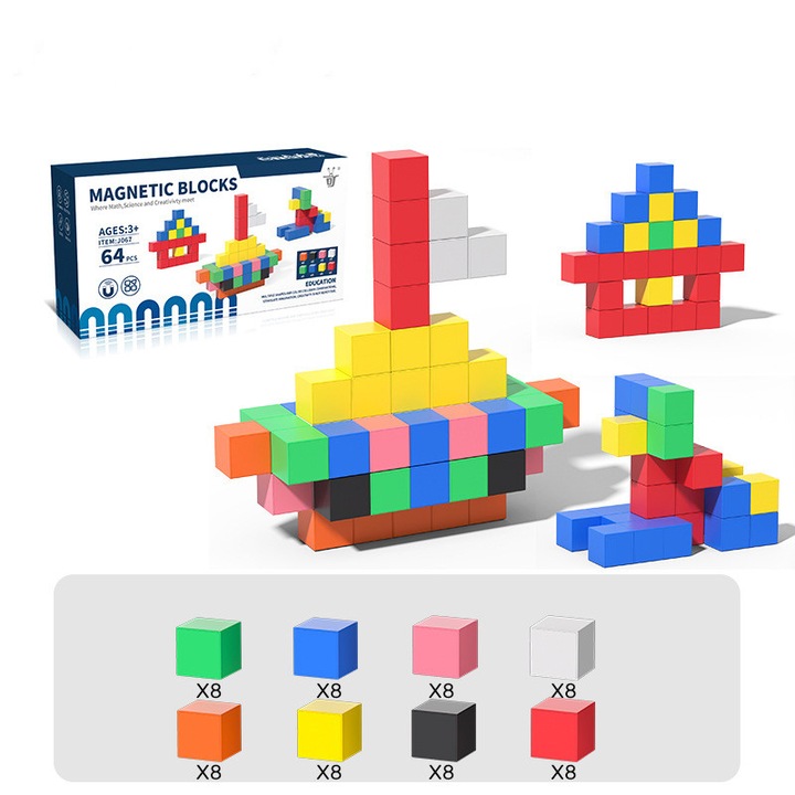 Cuburi Magnetice 64 Bucati, Esther Beauty®, Jucarie Educationala STEM, Creativa - Dezvolta Imaginatia si Motricitatea - Pentru Copii 2+, Multicolor