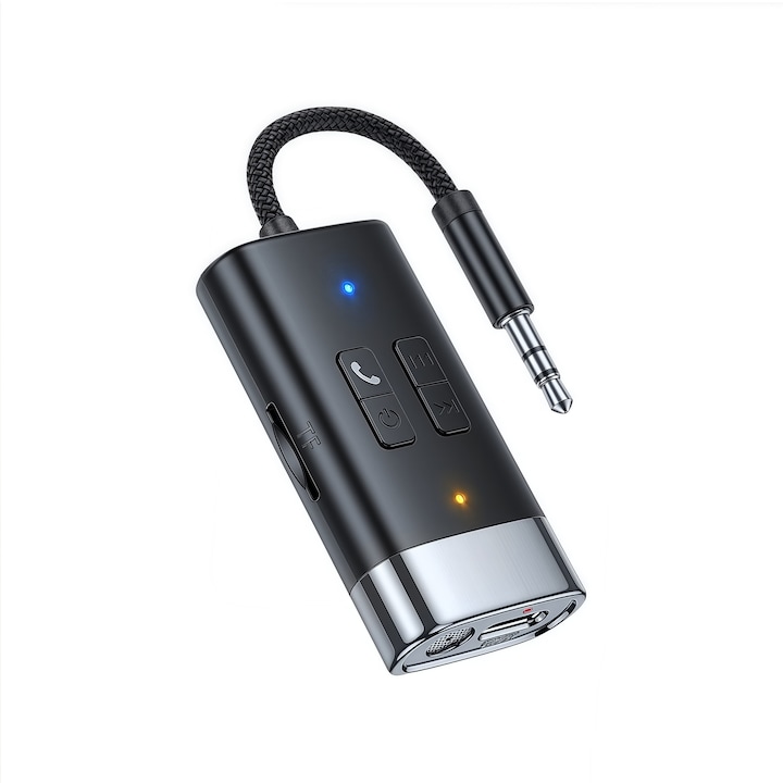 Adaptor Audio Bluetooth Dual Mod RX+TX, Cip Real BT5.4, Distanta Transmisie 10m, Sunet Fara Pierderi, Baterie 200mAh (Autonomie 4.5-9h), Cablu AUX Integrat, Redare Card TF, Apeluri Fara Maini, Negru