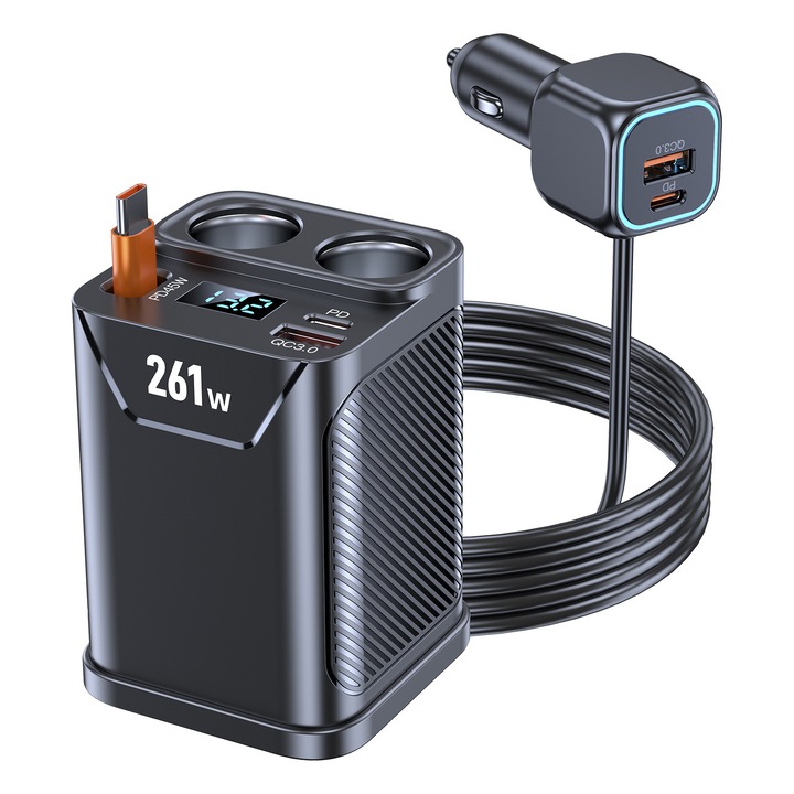 Incarcator Auto 7 in 1, Incarcare Super Rapida 261W, 3xUSB-C + 2xUSB-A + 2xPrize Auto, PD3.0, QC3.0, Cablu Retractabil PD45W 65cm, 12-24V, Afisaj Digital, Compatibil Laptopuri/Tablete/Telefoane/Console/Electronice Auto, Universal, Negru