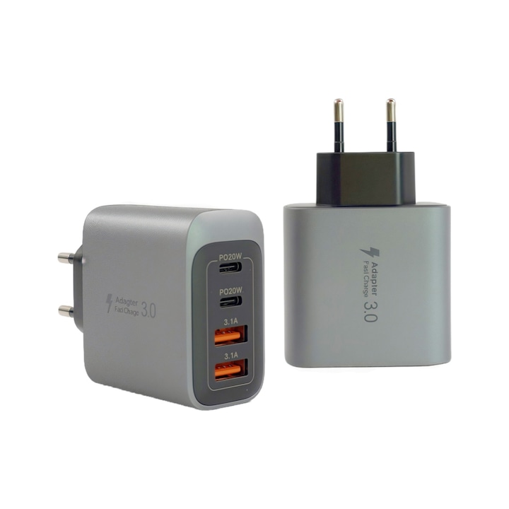 4 az 1-ben gyors telefontöltő, 55W, 2 USB-C, PD20W, 2 USB-A, 3.1A, PD3.0, QC3.0, PPS, intelligens védelmi chip, intelligens áramelosztás, kompatibilis Apple/Samsung/Android/Tablet/Fejhallgató/Órák stb. készülékekkel, matt, szürke/fekete