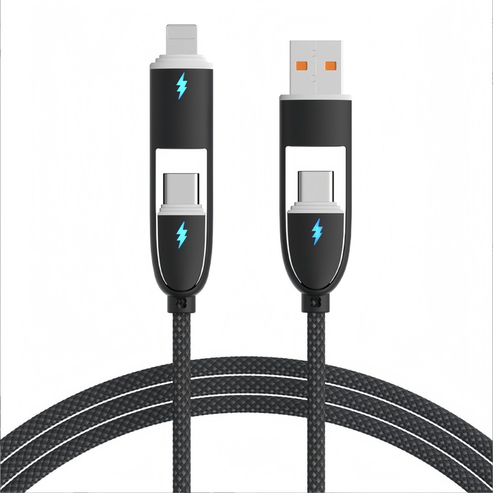 Кабел за данни 4-в-1 за супер бързо зареждане, 6A, 100W, PD3.0, QC3.0, високоскоростен трансфер на данни 480Mbps, USB+Lightning, USB+TYPE-C, TYPE-C+TYPE-C, TYPE-C+Lightning, Интелигентен чип, Мек и издръжлив, 1 метър, Черен