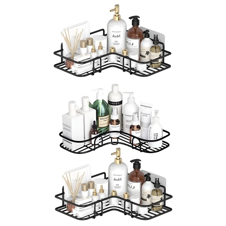Комплект от 3 рафта за душ, PREMIUM-INOX, рафт за баня, изработен от метал, идеален за органайзер за съхранение в банята, 26 x 26 x 5 см, черен, HAPPY JOKER®