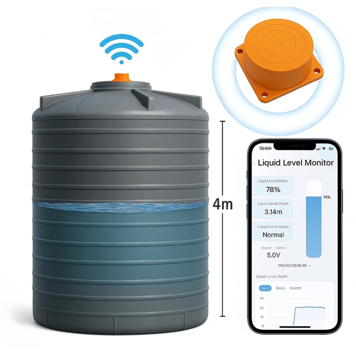 Smart WiFi сензор за ниво на течности Zenivo, Ултразвуков, Съвместим с Tuya и SmartLife, Аларма за ниво, Работна температура -20°C~70°C, Защита IP65, Бърз монтаж