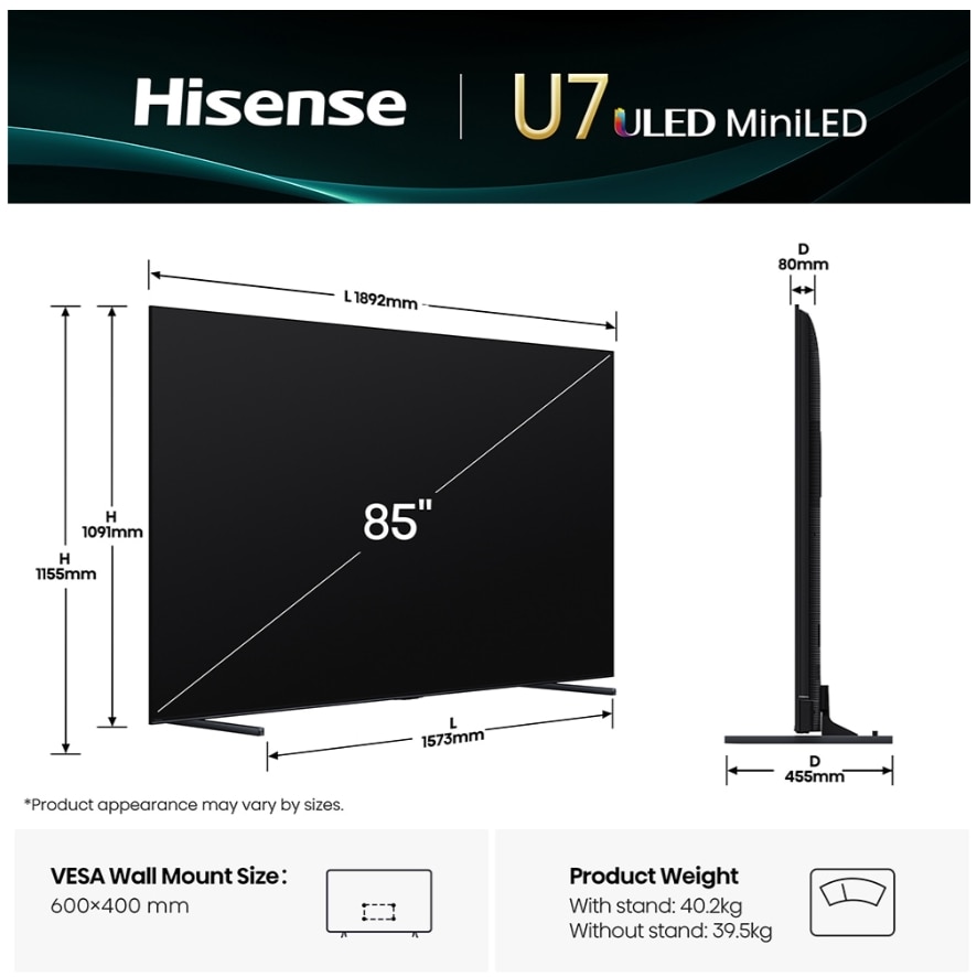 Televizor MiniLED ULED Hisense 216 cm 85" 85U7Q, Ultra HD 4K, Smart TV, WiFi, CI+
