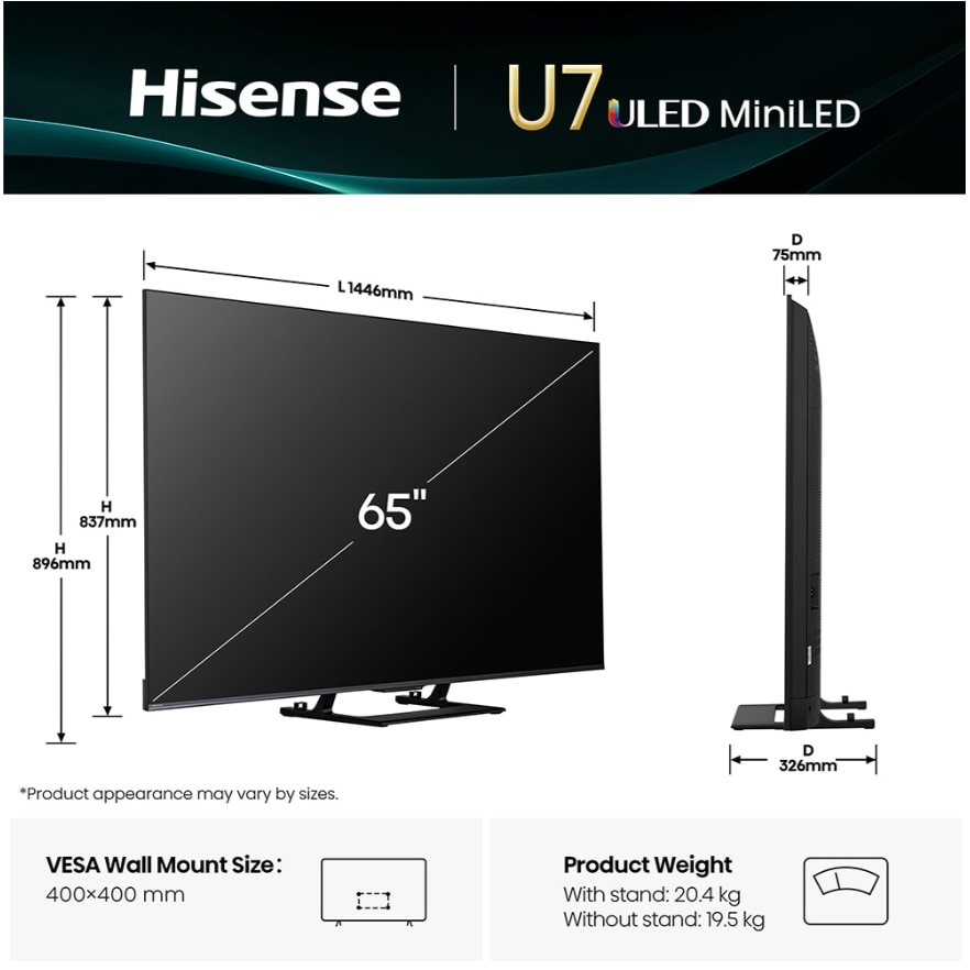 Televizor MiniLED ULED Hisense 165 cm 65" 65U7Q, Ultra HD 4K, Smart TV, WiFi, CI+