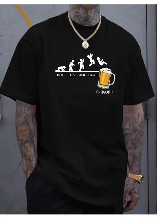 Tricou casual pentru barbati, Beer Week, maneca scurta, croiala relaxata, bumbac, Negru