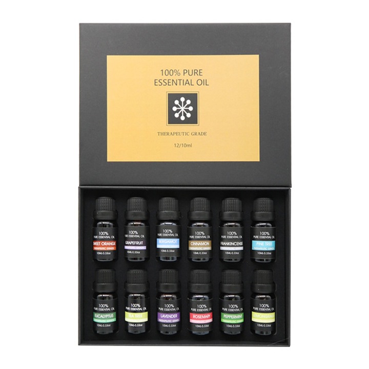 Set 12 premium uleiuri esentiale naturale, Axroad Mall, Ulei esential aromaterapie, Puritate 100%, Sticlute cu picurator, Pentru sauna, difuzor, umidificator, lumanari, Cutie cadou, 10ml, Negru