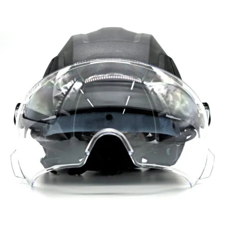 Védősisak integrált védőszemüveggel Protekt Atra 40V S40, ABS, szellőzés, 51–63 cm-es állítás, EN 166 szemüveg, fekete