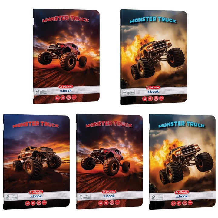 Set 5 caiete Herlitz A5, 48 file, hartie 70 g/mp, dictando, motiv Monster Truck