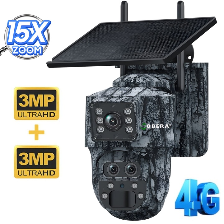Napelemes álcázó megfigyelőkamera, goBERA®, 6MP, 4G, 15x optikai zoom, színes éjjellátó, PIR mozgásérzékelés, kétirányú hang, PAN-TILT forgóvezérlés, UBOX alkalmazás, 128 GB microSD tárhely vagy felhő, IP65, kiterjesztett üzemidő