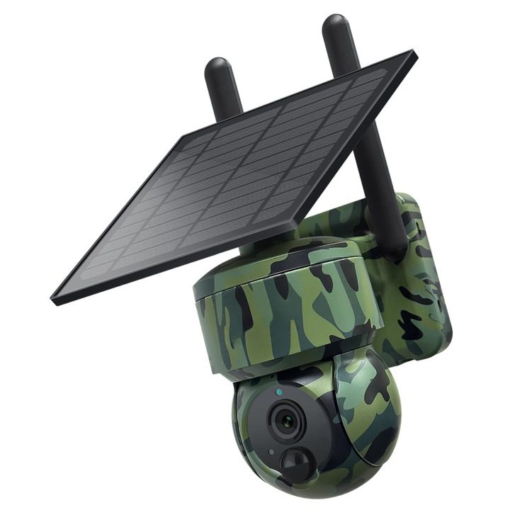 Camera de Supraveghere Solara cu GPS, 3MP, 4G, Panou solar 5w, IR 940NM, Viziune Nocturna, Pan-Tilt 355°/90°, Unghi PTZ, Detectare Miscare PIR, Audio Bidirectional, IP66, Rezistent la intemperii, Baterie 7800mAh, Obiectiv 3.6mm