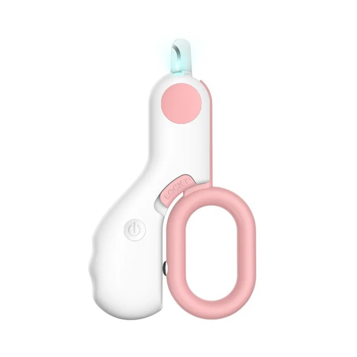 NEXTLY LED-es körömvágó macskáknak/kistestű kutyáknak, 2 fényerőszint, ergonomikus fogantyú, ívelt pengék, elemes működés, ABS és rozsdamentes acél, 10,5x6,2 cm, fehér-rózsaszín