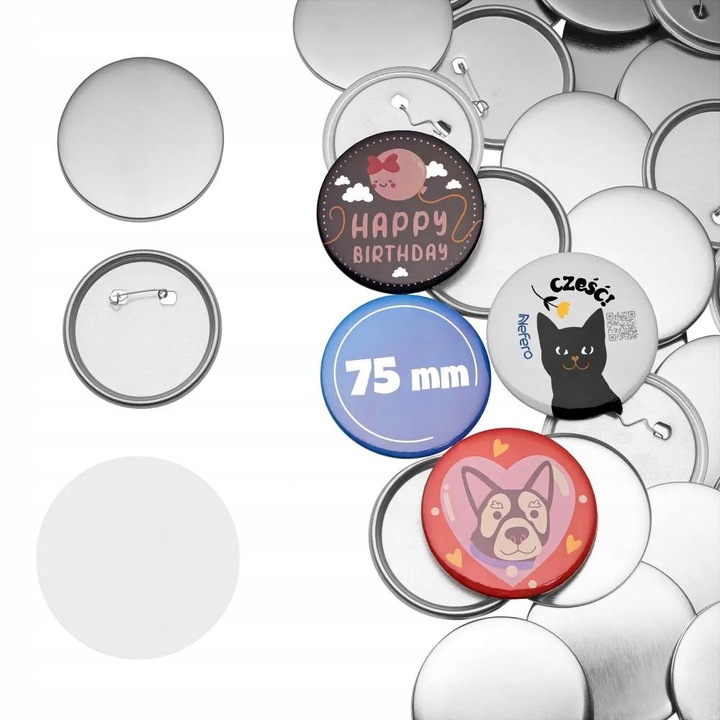 Set Insigne Metalice, Diametru: 75 mm, Material: Metal, Tip Inchidere: Agrafa, Folii: Transparente, Protective, 7,5 cm, 100 Bucati