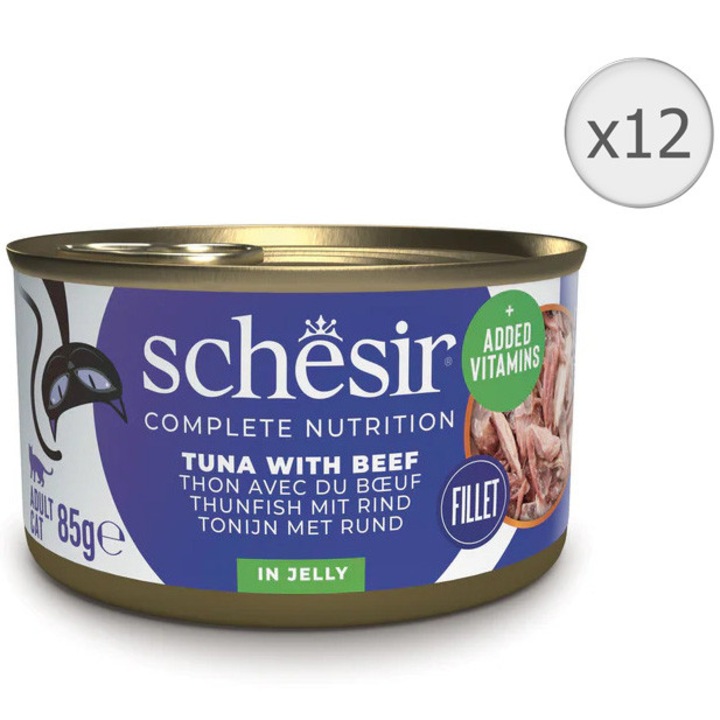Hrana umeda pentru pisici Schesir, cu ton si vita, jelly, 12x85g