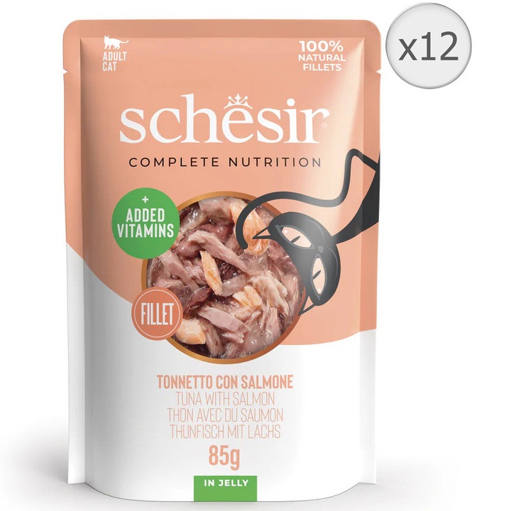 Hrana umeda pentru pisici Schesir, cu ton si somon, jelly, 12x85g