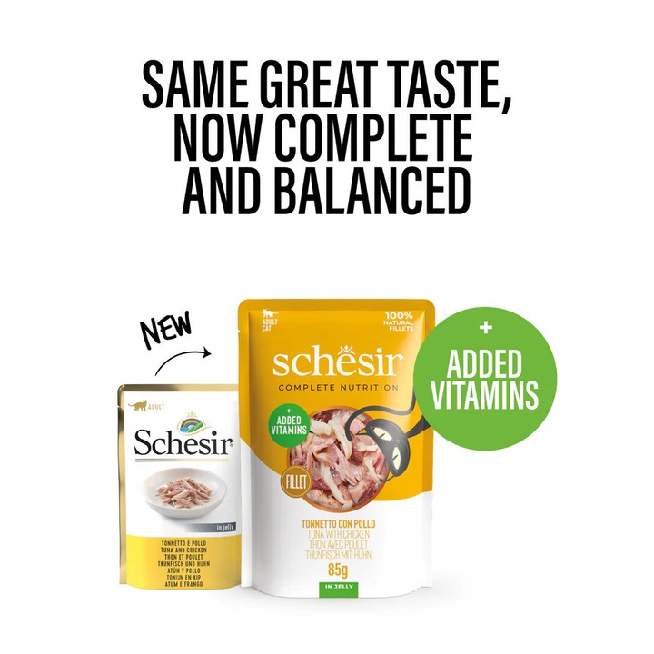 Hrana umeda pentru pisici Schesir, cu ton si pui,jelly, 12x85g