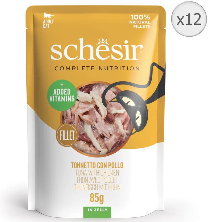 Hrana umeda pentru pisici Schesir, cu ton si pui,jelly, 12x85g