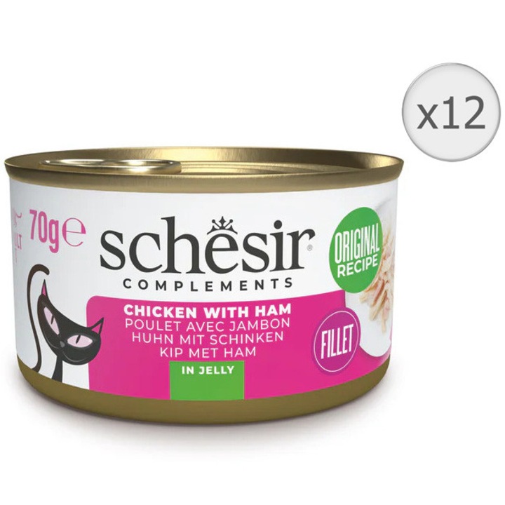 Hrana umeda pentru pisici Schesir, cu pui si sunca, jelly, 12x70g