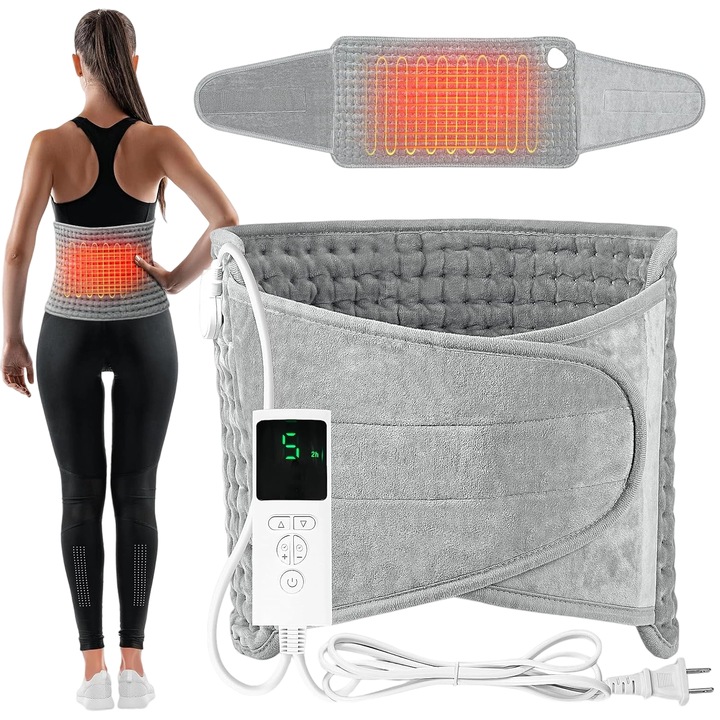 Centura electrica, Incalzire rapida, Protectie la supraincalzire, Perna electrica pentru spate, gat, umeri, 9 trepte de incalzire, 4 niveluri de temporizare, Moale, Oududianzi, Plush, Gri