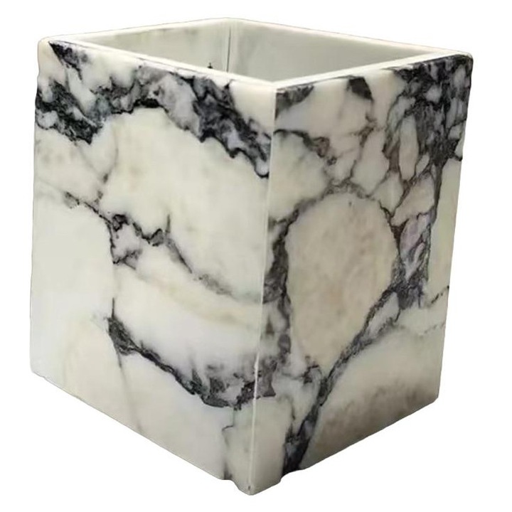 Suport de birou pentru pixuri, marmura naturala, 8x8x10cm, alb/negru