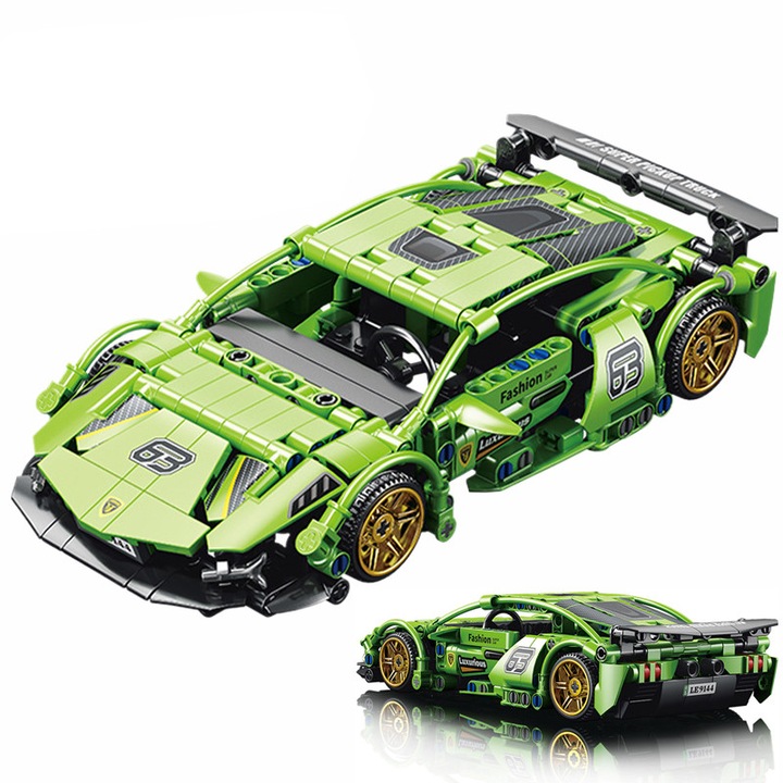 Set de constructie masina sport, Yingyun®, scara 1:20, motor pull-back, 23 x 12 x 5.5 cm, 385 piese, Verde