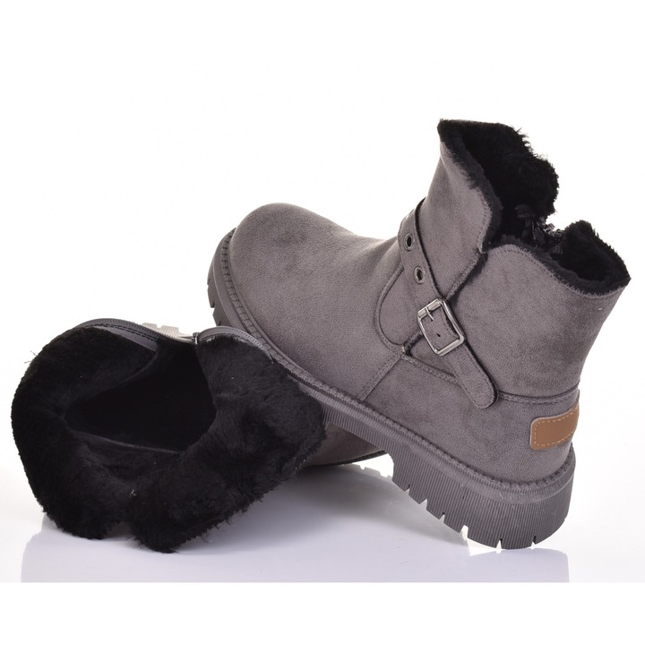 Botine dama Martinus, piele intoarsa, gri, izolatie din blana, toc plat