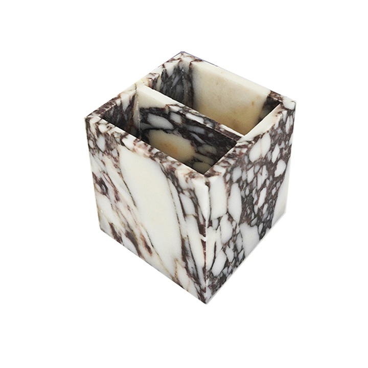 Suport de birou pentru pixuri, din marmura, 2 compartimente, design minimalist, 9x9x10cm, alb/negru