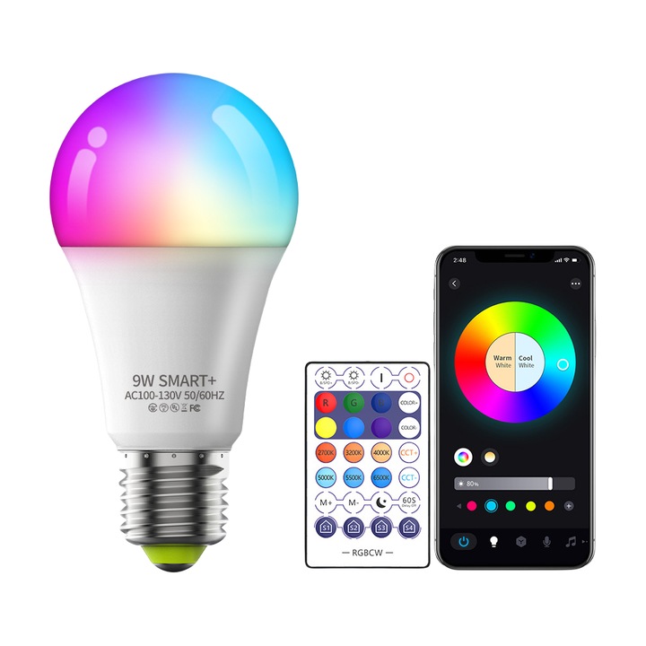 Becuri inteligenta, WIFI, Bluetooth, 800 lm, reglare 16 milioane de culori, temporizator, RGB, control prin aplicatie mobila, cu telecomanda, pachet de 10, alb